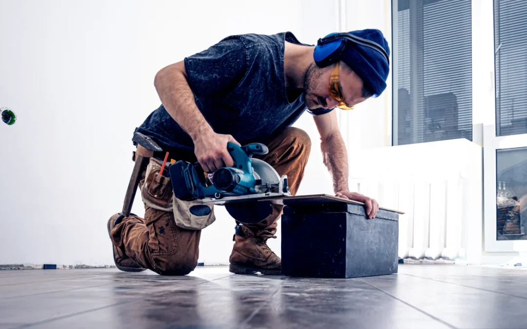 Saw Carpenter Using Circular Wood for Roofing
